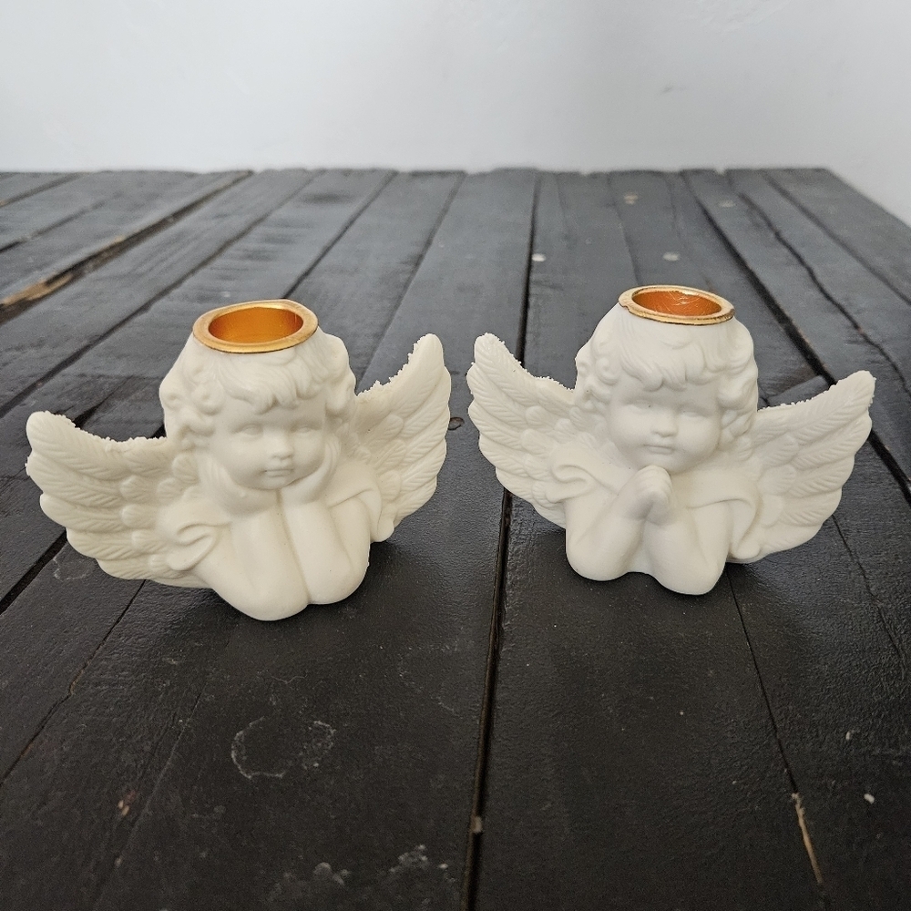Vintage Ceramic White Ivory Gold Cherub Angel Wing Candle Holders Set Lot of 2